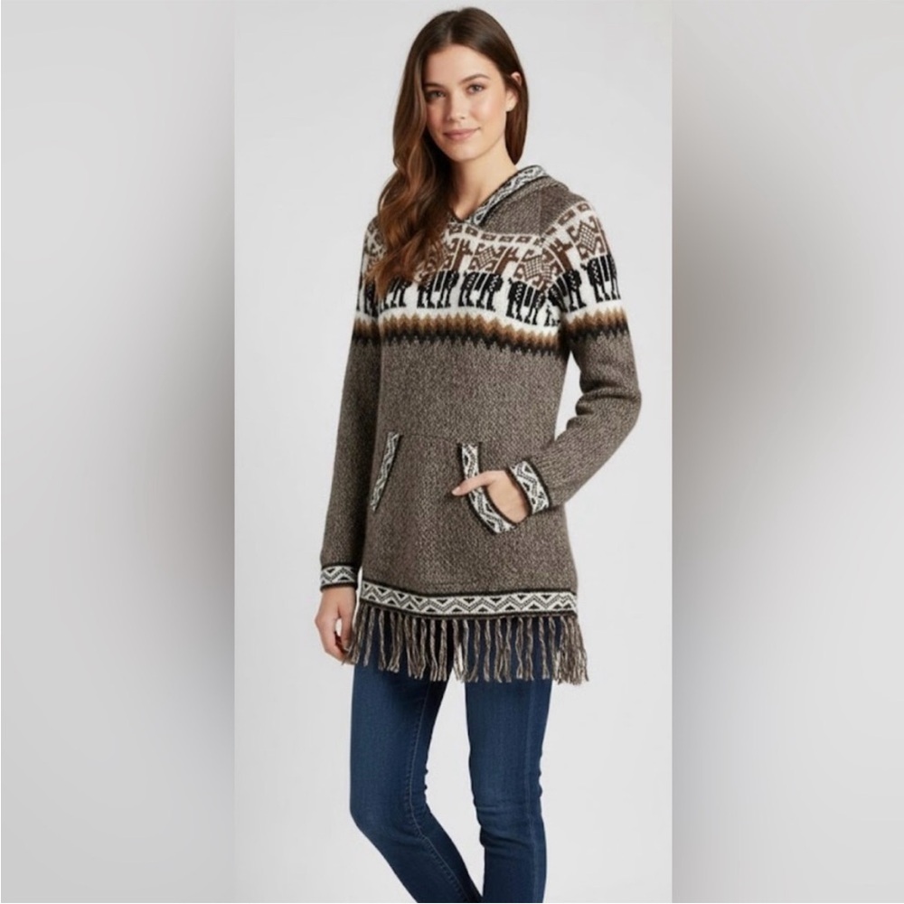 Alpaca Wool Sweater Women’s S Hooded Aztec Brown Fringe Sweater